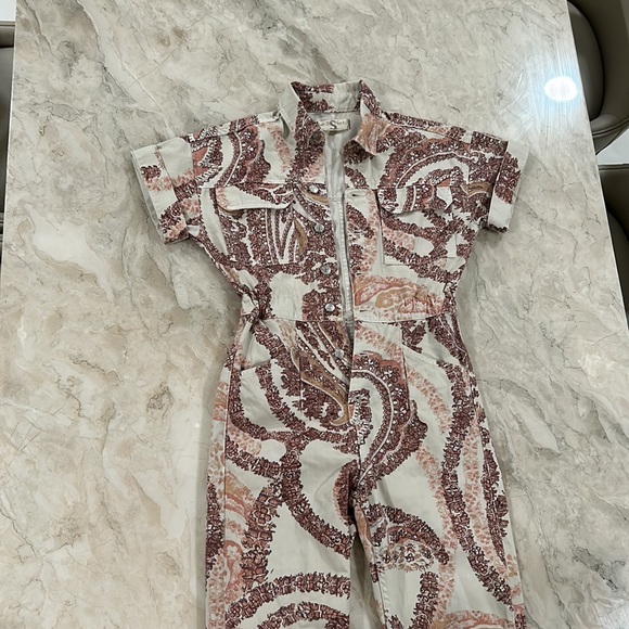 Free People Marci Printed Coverall Jumpsuit Soft Denim Brown Ivory Tan - Picture 3 of 9